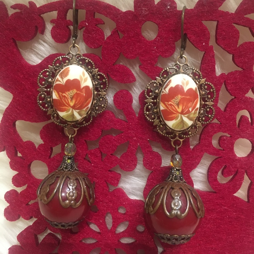 Red & Bronze Floral Lever Back Earrings with Ceramic Flower Painting